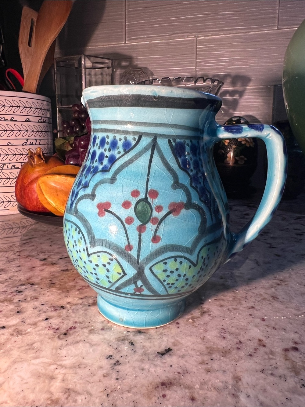 Handcrafted Turquoise Ceramic Mini Pitcher with Floral Pattern Good Condition
